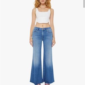MOTHER Blue Wide Leg Flare Jeans with Raw Hem